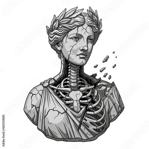 Crumbling Classical Bust with Exposed Skeleton and Laurel Wreath