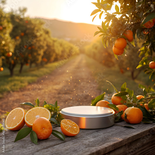 A vibrant podium scene set in a sunlit orange orchard