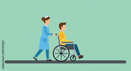 Compassionate Care: A dedicated nurse gently pushes a patient in a wheelchair, symbolizing care, assistance, and recovery in a clean, modern illustrated style.