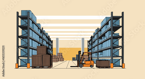 Warehouse with Forklift: A visual representation of a warehouse interior, featuring rows of shelves laden with packaged goods, with a forklift moving and sorting the items in a neat environment.