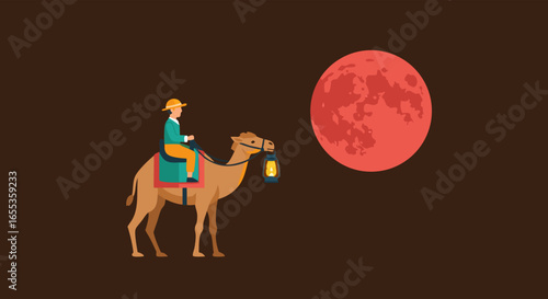 Mystical Camel Ride Under Crimson Moon: A silhouetted rider journeys atop a camel beneath a vibrant red moon, an image that evokes a sense of wonder and travel.