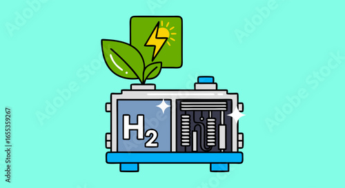 Clean Energy: A futuristic illustration of a hydrogen fuel cell, signifying sustainable power generation with a leaf, lightning bolt, and the 'H2' symbol, alluding to a clean energy future.