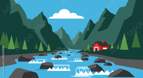 Mountain River Serenity: A picturesque illustration captures the tranquil beauty of nature. A meandering river flows through a valley framed by towering mountains, a cozy house nestled nearby.