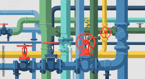 Network of Pipelines: An intricate network of industrial pipelines, painted in a variety of colors, intricately weaves together, creating a complex system for transport.