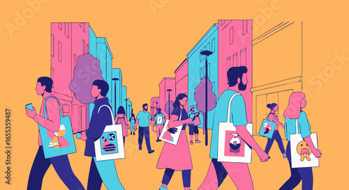 Urban Stroll: An illustrated scene captures people walking in the city with a modern, minimalist style. Featuring the vibrant energy of urban life and style.