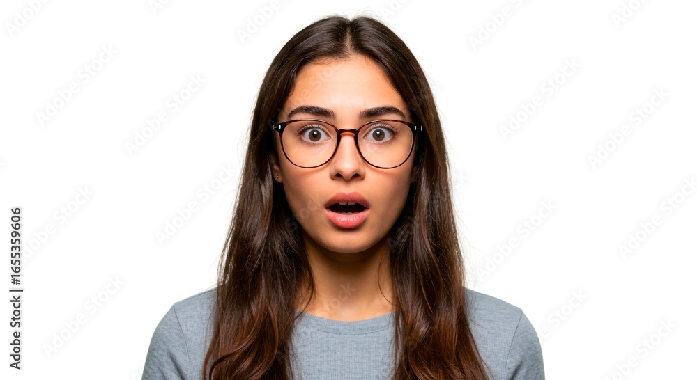 Obraz premium Portrait of a surprised woman with glasses and long brown hair against a white background looking forward