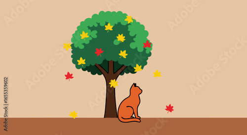 Autumn Cat's Contemplation: An orange feline finds solace under a vibrant tree adorned with changing leaves, creating a heartwarming, cartoonish scene.