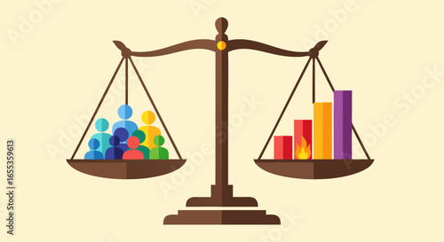 Equilibrium of Balance: A visual depiction of equilibrium, showing the scales balancing the elements of society and its economic indicators, showcasing fairness and equality.