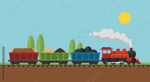 Choo Choo Journey: A vibrant illustration depicts a classic steam train, chugging along a railway line, hauling an assortment of goods across a picturesque landscape.