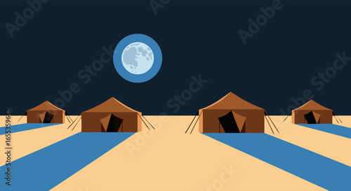Desert Camp Under Moonlight: A serene nighttime landscape depicting a desert camp under a full moon. The scene shows stylized tents with long, surreal shadows and a large.