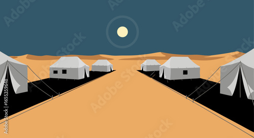 Desert Camp at Night: A serene nighttime vista of a desert encampment, featuring stylized tents and a full moon casting a gentle glow over the sandy landscape.