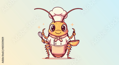 Culinary Cockroach: A charming cockroach in a chef's attire prepares culinary delights with utensils in hand, symbolizing the art of cooking. 