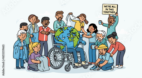 Global Unity: A diverse group of people, representing different backgrounds and abilities, work together to support the world. It symbolizes harmony and cooperation