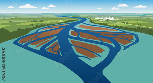 River Delta Landscape: Aerial view of a river delta with complex network of waterways meeting the sea, flowing through fertile plains. Depicting nature's intricate beauty.