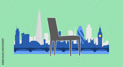 The Chair Amidst City: A simple, gray chair stands in the foreground against a colorful city background, sparking thoughts about how people take break