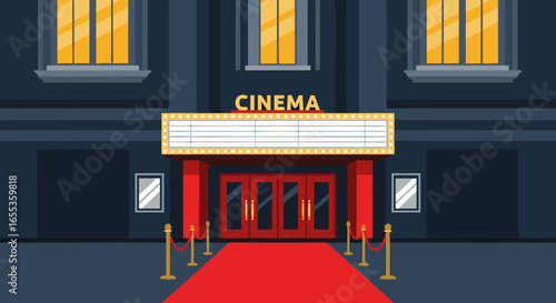 Cinema's Grand Entrance: An illustrative view of a classic cinema, complete with a glowing marquee, plush red carpet and inviting entrance, perfect for movie lovers.