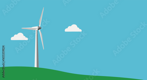 Wind Turbine with Clouds: A pristine wind turbine gracefully stands, generating clean, sustainable energy under a bright, cloud-filled sky.
