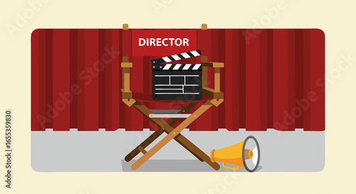 Behind the Scenes: Film set elements arranged on a neutral backdrop, capturing the essence of movie-making. A director's chair, clapperboard, and megaphone stand ready for action.