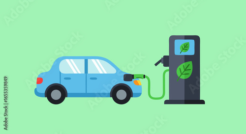 Eco-Friendly Mobility: A sleek, modern electric vehicle (EV) charges at a green energy station, embodying sustainable transport and a commitment to environmental protection.