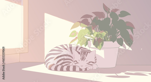 Cozy Corner: A sleepy cat basks in the sun, nestled beside a vibrant potted plant, embodying tranquility and warmth, capturing the essence of relaxation and home.