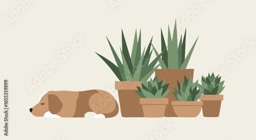 Dog Resting Near Plants: A tranquil scene unfolds as a dog peacefully rests beside a collection of potted plants. This illustration captures the serenity of a moment in nature.