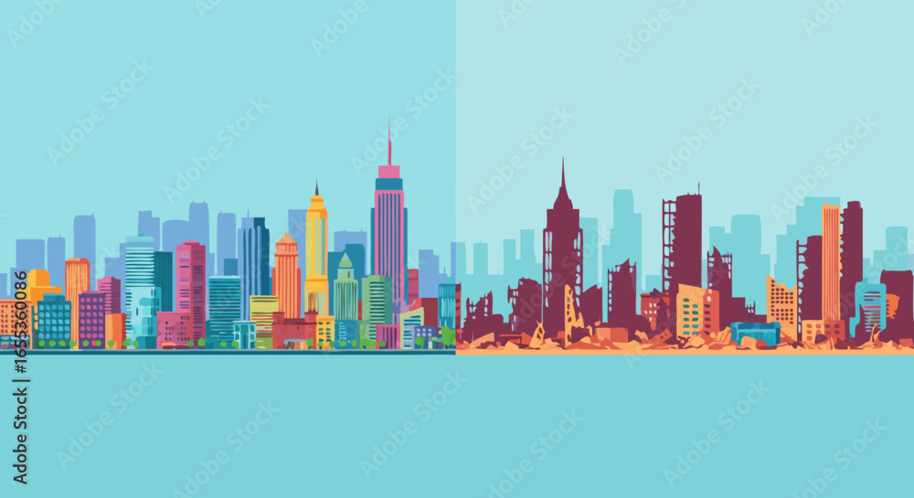Naklejka premium Cityscape Transformation: A visual comparison of urban development and the impacts of environmental change on a vibrant cityscape, highlighting the importance of sustainability.