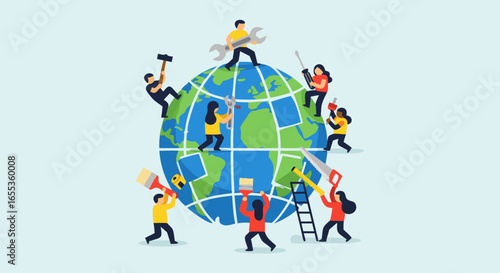 Global teamwork: The team collaboratively repairs and improves the globe with various tools and resources, symbolizing the commitment to address and fix global issues