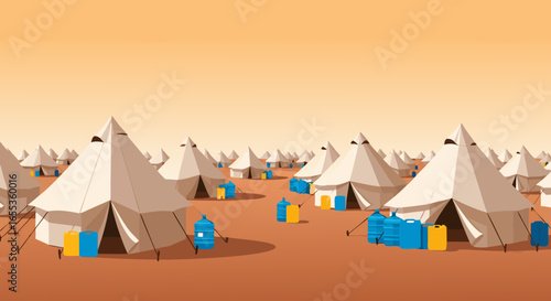 Camp in Desert: a vibrant artistic representation of a camp scene in the vast expanse of the desert, the graphic illustration style evokes a sense of adventure.