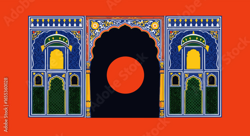 Enchanting Archway: A beautifully illustrated archway featuring intricate patterns and vibrant colors, standing proudly against a bold background, it evokes a sense of history and cultural richness. 