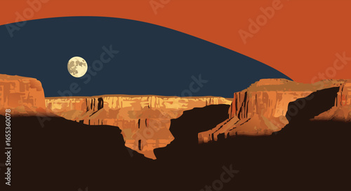 Majestic Canyon Moonscape: A breathtaking view showcases a vast canyon under a dramatic night sky, with a full moon illuminating the rugged terrain, revealing nature's grandeur and scale.
