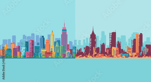 Cityscape Transformation: A visual comparison of urban development and the impacts of environmental change on a vibrant cityscape, highlighting the importance of sustainability.