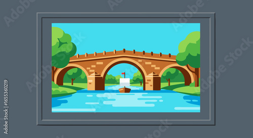 Arched Bridge Painting: A serene painting of an arched bridge spanning over a river, where a boat gently glides through, framed by a picturesque sky and lush trees.