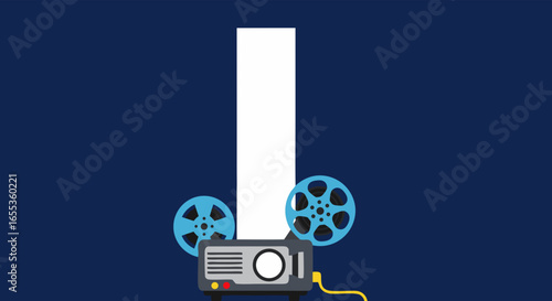 Projection of Visual Story: A graphic illustration of a classic film projector with film reels, projecting a white screen, symbolizing the art of cinema. Capturing cinematic experience.