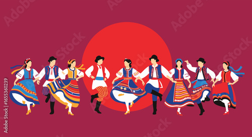 Cultural Dance: A group of elegantly attired individuals partake in a vibrant dance, forming a circle of lively performance against a scarlet sphere background, embodying unity and tradition.
