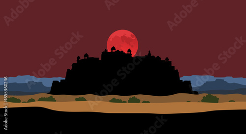 Silhouette of Majestic Castle Under a Crimson Sky: A dramatic, silhouetted castle atop a rugged landscape, dominated by the crimson glow of a full moon, evoking a sense of mystery and grandeur.