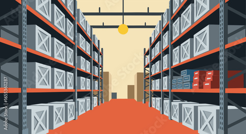 Warehouse Rows: An illustration of a warehouse, its orderly rows of storage shelves filled with boxes. This artwork presents a clean, organized view of inventory management and logistics