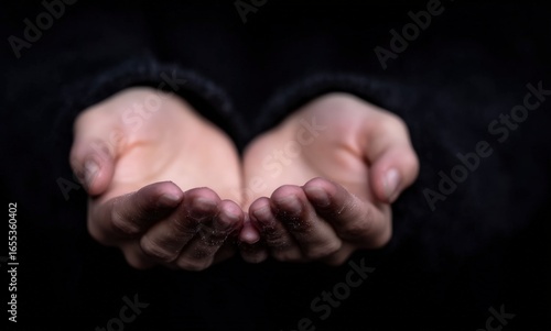 Cupped hands reaching out, conveying messages of poverty and hope while expressing a heartfelt plea for assistance and compassion