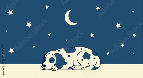 Dreaming Canine: A sweet canine slumbering peacefully beneath the starry sky. The crescent moon casts a gentle glow, creating a tranquil scene of canine dreams.