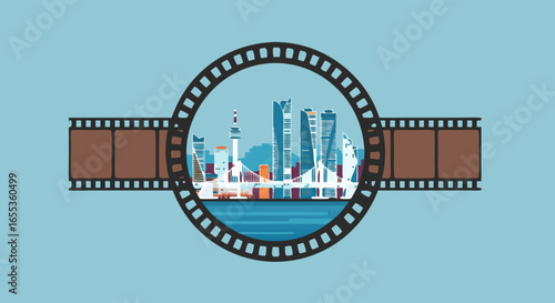 Cityscape film reel: A stylized illustration captures the essence of an urban panorama. The scene, framed by a classic film reel, showcases a skyline.