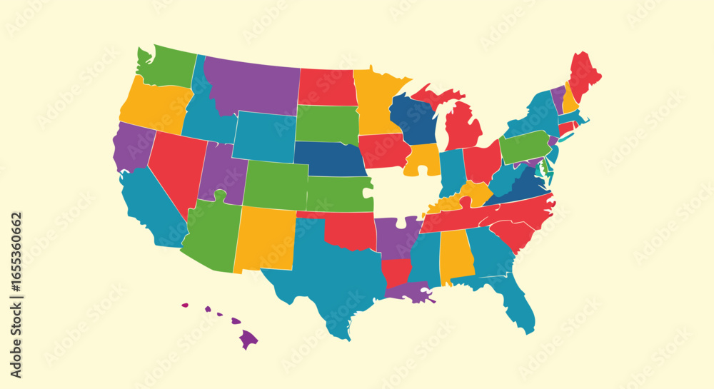 Obraz premium USA Map: A colorful map of the United States of America, meticulously illustrated with individual states distinguished by vivid hues, ideal for educational content and geographical design. 