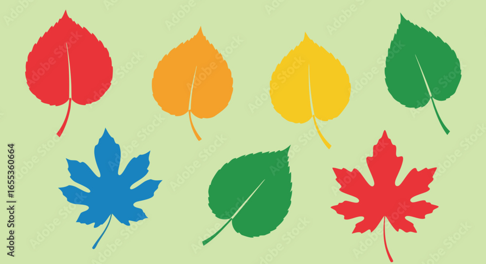 Obraz premium Vibrant Leaves: A collection of colorful leaves in various shades of red, green, yellow, orange, and blue, showcasing a captivating display of nature's diversity.