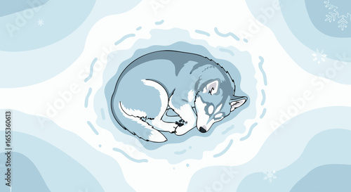 Sleeping Wolf in Snowy Scene: A tranquil, top-down view captures a lone wolf curled up peacefully in a snowy landscape, symbolizing solitude and the quiet of winter. 