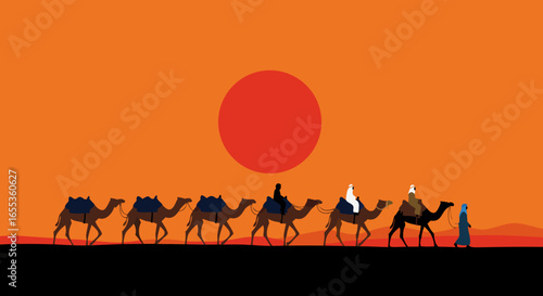 Camel Caravan Silhouette: Witness the timeless allure of the desert as a camel caravan journeys across the golden sands under the fiery sun. Evoking themes of travel, adventure, and exploration.