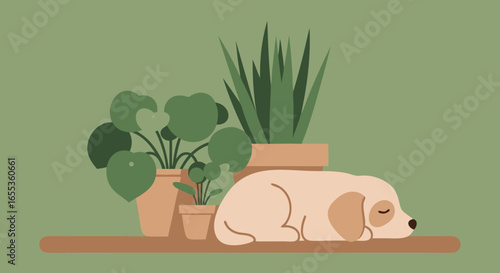 Cozy Dog Amidst Lush Greenery: A serene scene of a sleeping dog, surrounded by vibrant potted plants, resting peacefully.