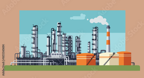 Oil Refinery: A meticulously crafted illustration showcasing the intricate structures of an oil refinery, with detailed tanks and smokestacks emitting steam against a backdrop of a pristine sky.