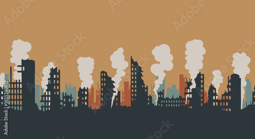 Silent Cityscape: A desolate urban scene, silent city, captured in a striking, semi-abstract illustration. The skyline depicts destroyed, smoke-plumed buildings.