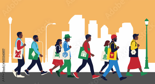 Eco-conscious pedestrians: A diverse group of eco-conscious individuals strides confidently across a city street.