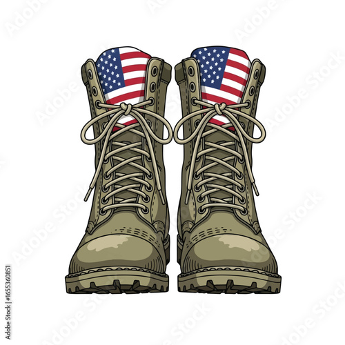 A pair of olive green military boots with American flags tucked inside.