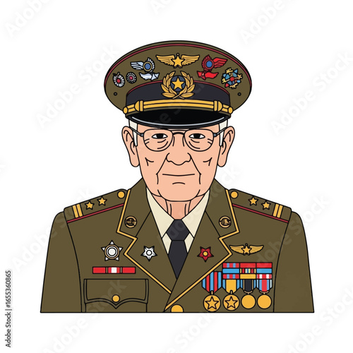 An illustrated portrait of an elderly military general in a decorated uniform.