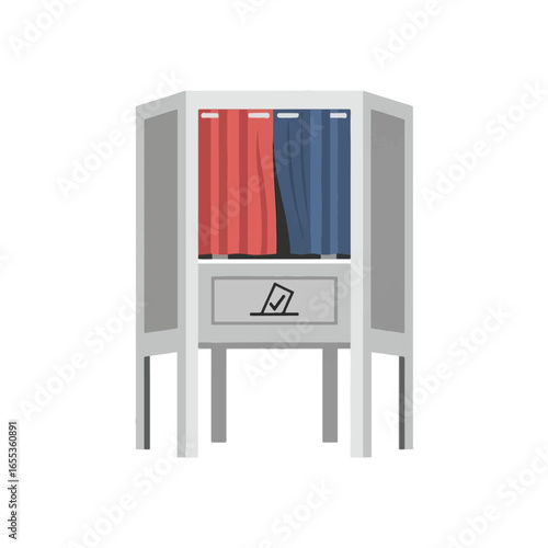 Illustration of a voting booth with red and blue curtains and a ballot box.